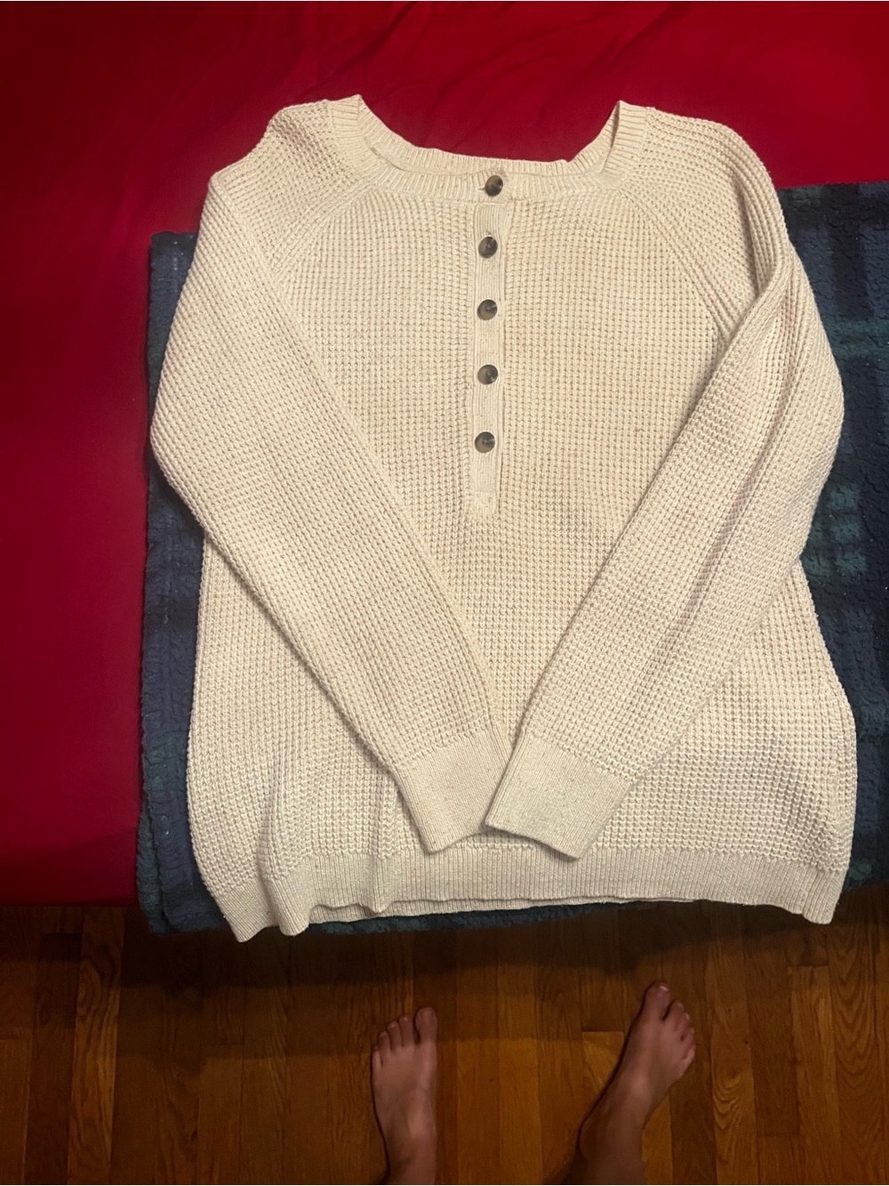 L.L.Bean Cream Waffle Knit Henley Pullover - Picture 1 of 2